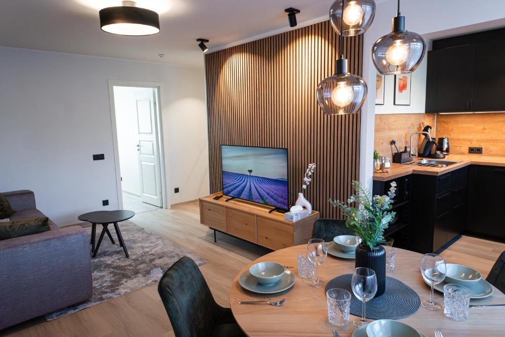 Televiisor ja/või meelelahutuskeskus majutusasutuses Trendy apartment in Haapsalu center