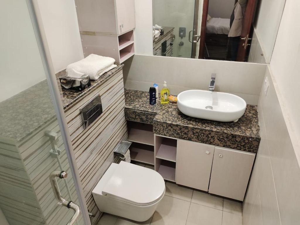 ein Badezimmer mit einem Waschbecken, einem WC und einem Spiegel in der Unterkunft One Bed Apartment In GoldCrest Mall And Residency in Lahore