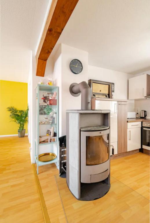 a kitchen with a fireplace in the middle of a room at Barocke Stadtvilla Ophelia nahe Europapark 45qm 1,5 Zi Studio in Ettenheim