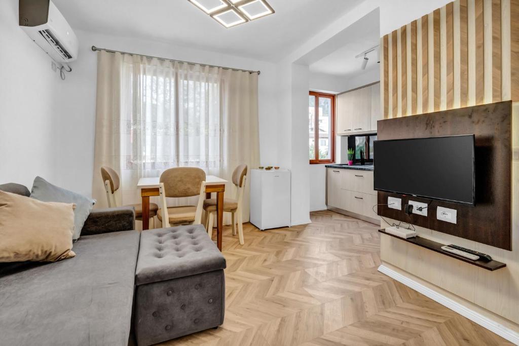 Sala de estar con sofá, TV y mesa en Sam's apartment en Berat