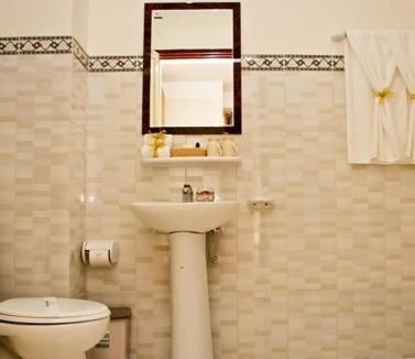 ein Badezimmer mit einem WC, einem Waschbecken und einem Spiegel in der Unterkunft Phú Thông in Chau Doc