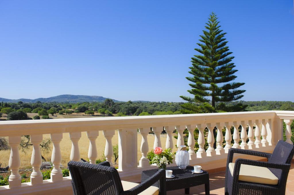 a balcony with chairs and a pine tree at Finca Miquel Tomas in Caʼs Concos