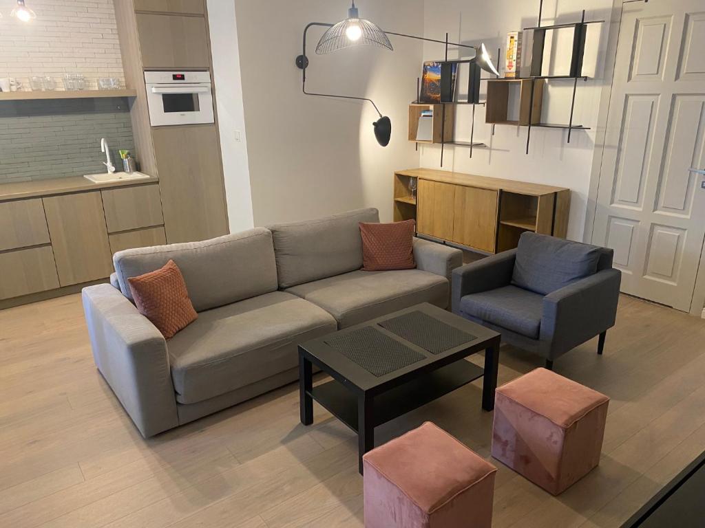 - un salon avec un canapé et une chaise dans l'établissement DR Apartments - Salt, à Sopot