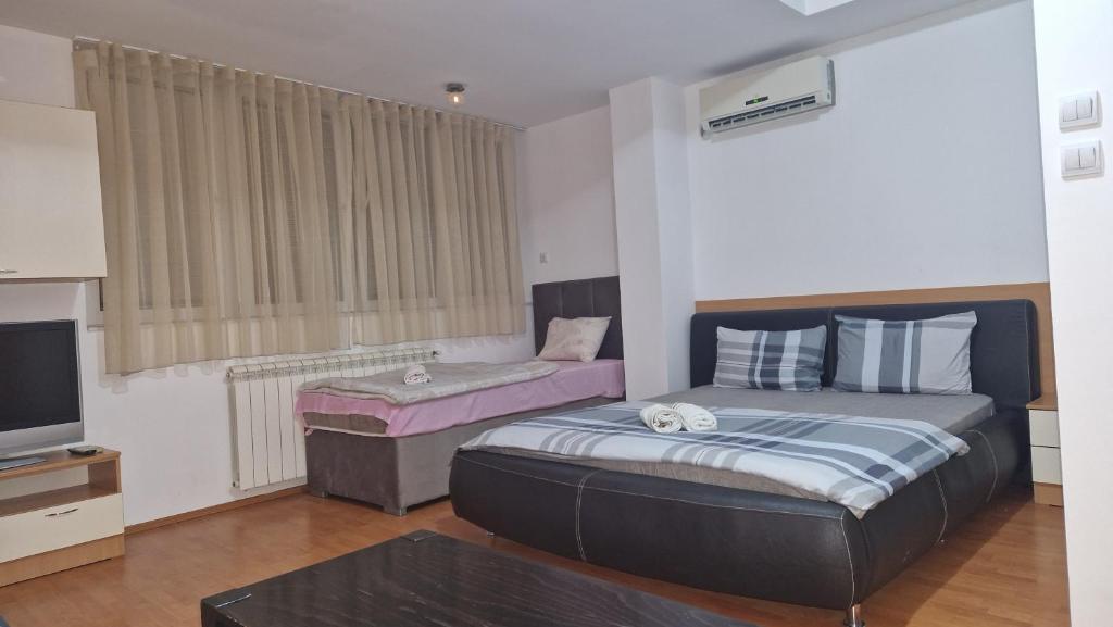 a bedroom with two beds and a flat screen tv at Elizabeth House in Skopje
