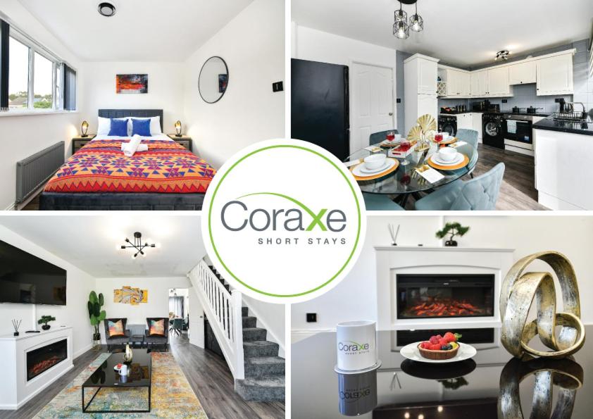 een collage van foto's van een slaapkamer en een woonkamer bij 3 Bedrooms Modern Retreat for Contractors and Families by Coraxe Short Stays in Oldbury