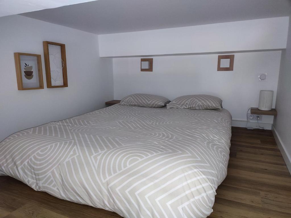 Un dormitorio con una cama grande con dos almohadas. en Montpellier Gare St Roch, en Montpellier
