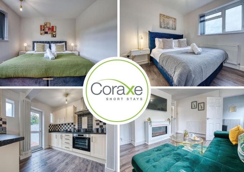 un collage de cuatro fotos de un dormitorio en 3 Bedroom Luxe Living for Contractors and Families by Coraxe Short Stays en Dudley