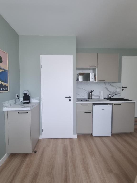 Il comprend une cuisine blanche avec des placards blancs et du parquet. dans l'établissement L'Aiglon de Foch 2, à Grenoble