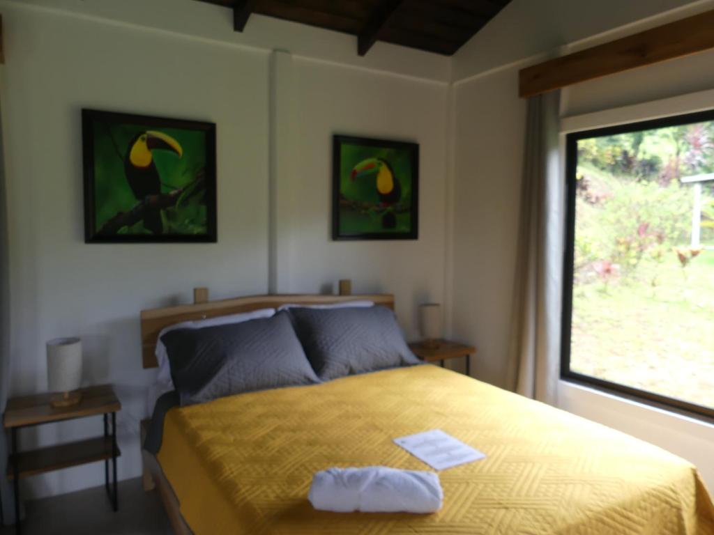 een slaapkamer met een bed en een raam bij Villa El Tucán in Bijagua