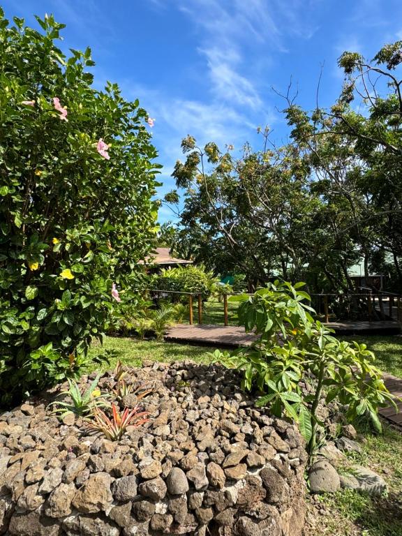 ogród z stosem kamieni i drzew w obiekcie Cabañas Raupa w mieście Hanga Roa