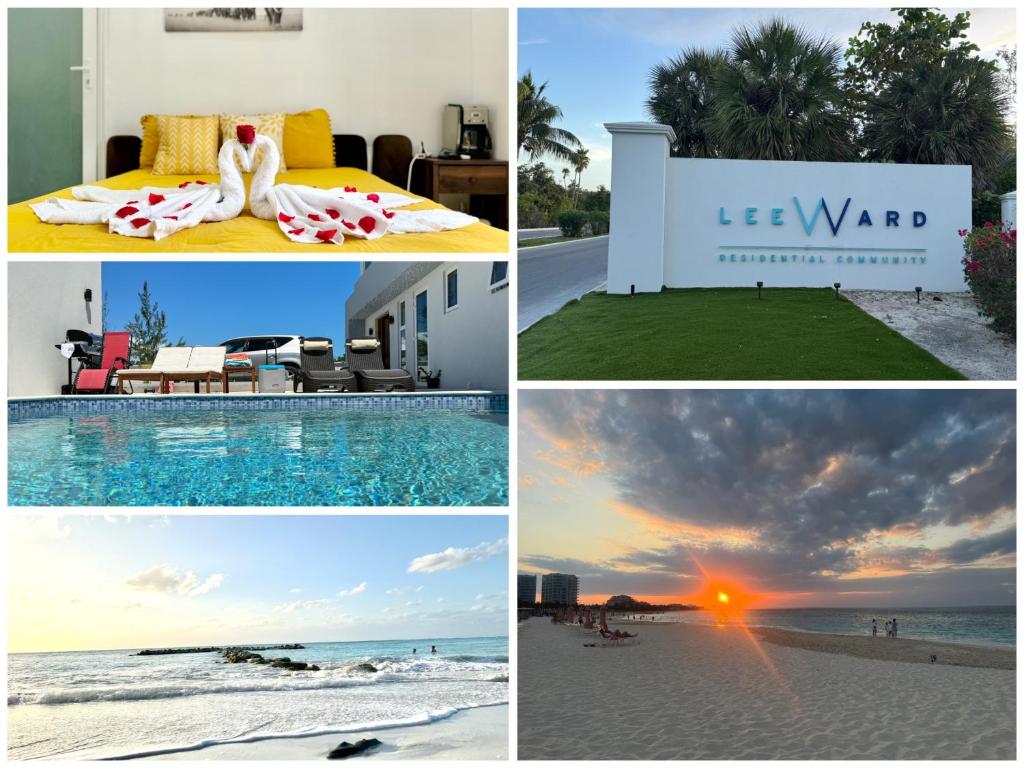 uma colagem de fotos de um hotel e do oceano em Ocean Pearl - A brand new one bedroom with pool, walkable distance to sunset beach em Long Bay Hills