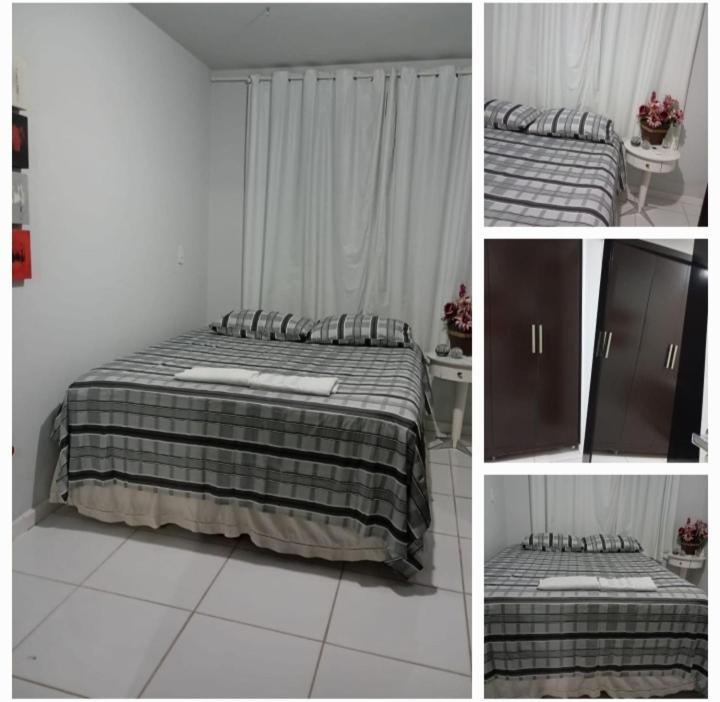 three pictures of a bedroom with two beds and a table at Flat Sandra in Teixeira de Freitas