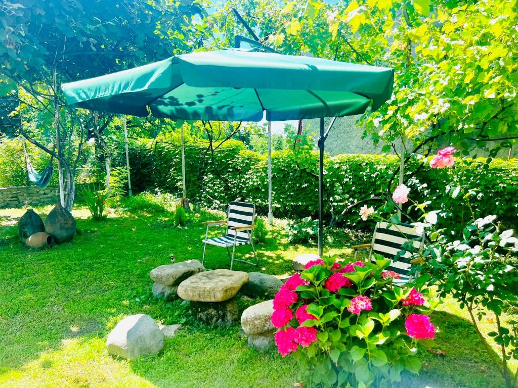 einen Regenschirm und zwei Stühle und Blumen in einem Hof in der Unterkunft Home Inn-Guesthouse in Lagodechi