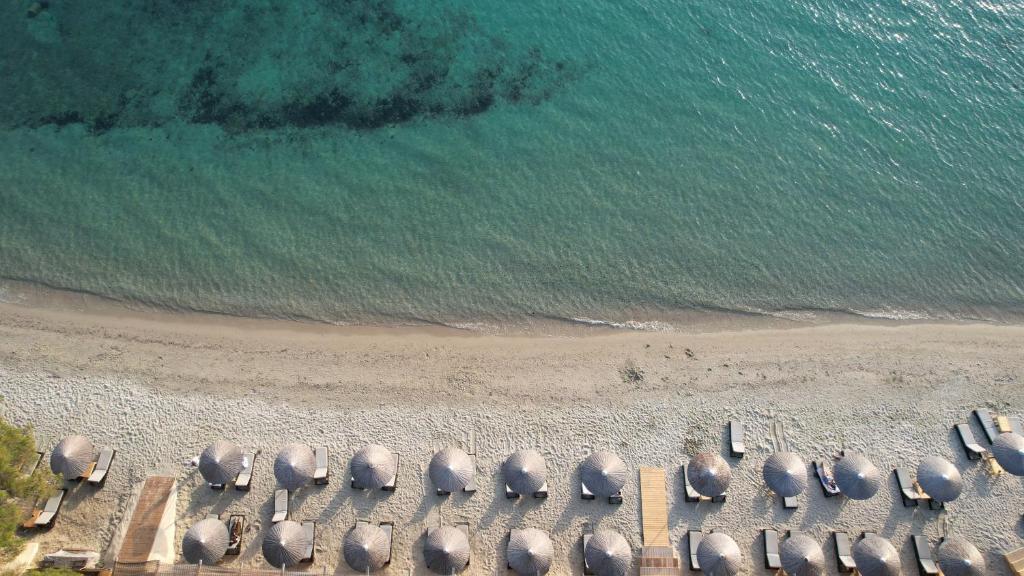an aerial view of a beach with a row of chairs at Olympion Sunset Halkidiki in Fourka