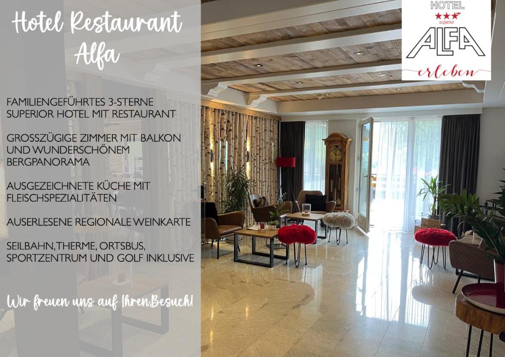 - une brochure pour un restaurant alpha de l'hôtel avec un hall dans l'établissement Hotel Alfa Superieur - Leukerbad-Therme, à Loèche-les-Bains