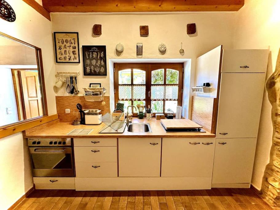 a kitchen with a sink and a refrigerator at Familiäres & naturnahes Wohnen - Csodakert Lokut in Lókút