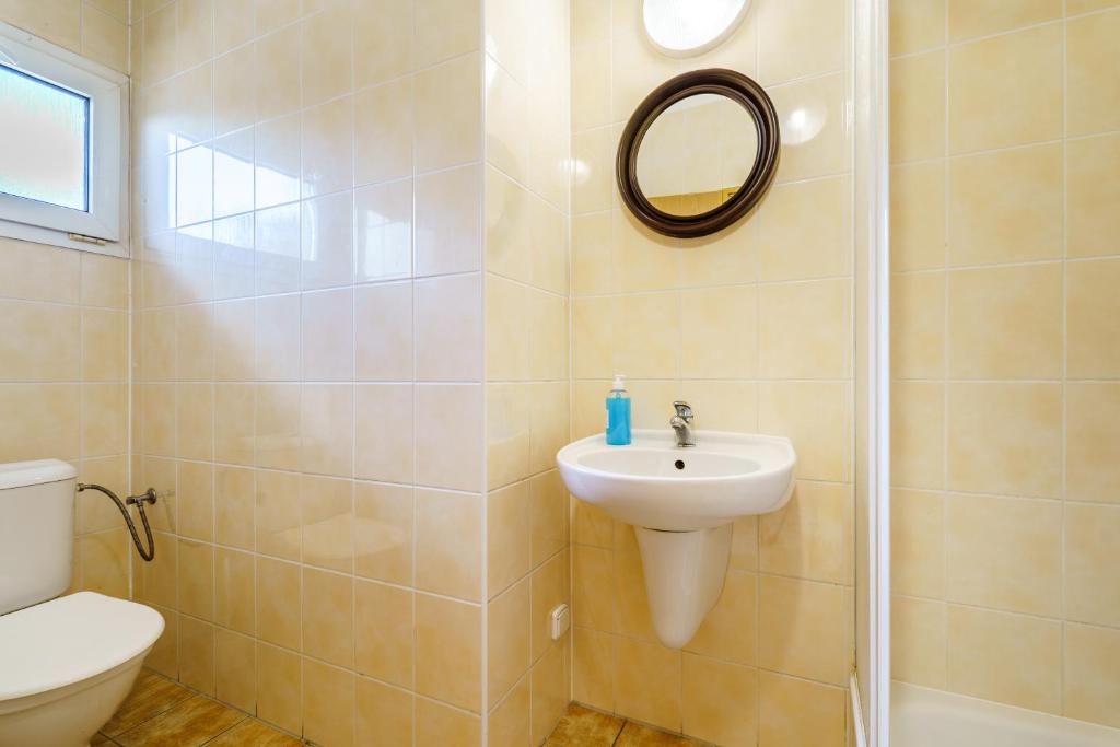łazienka z umywalką, toaletą i lustrem w obiekcie Apartmány Nová Role - BeachCamp w mieście Nová Role