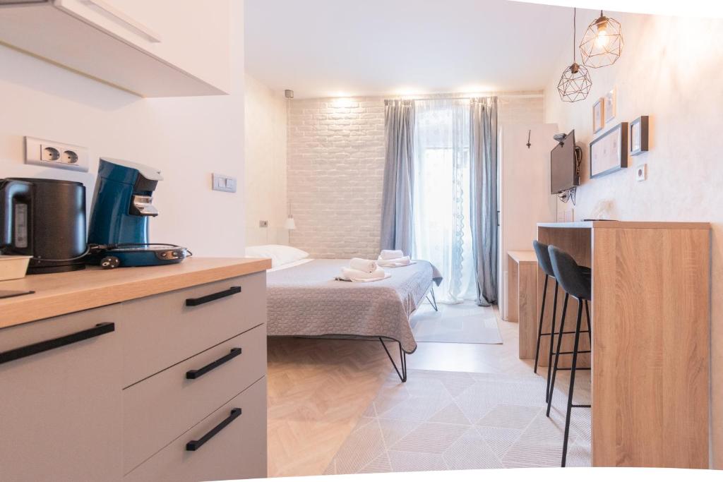 a room with a kitchen and a living room at OLD TOWN PULA STUDIO APARTMENTS in Pula