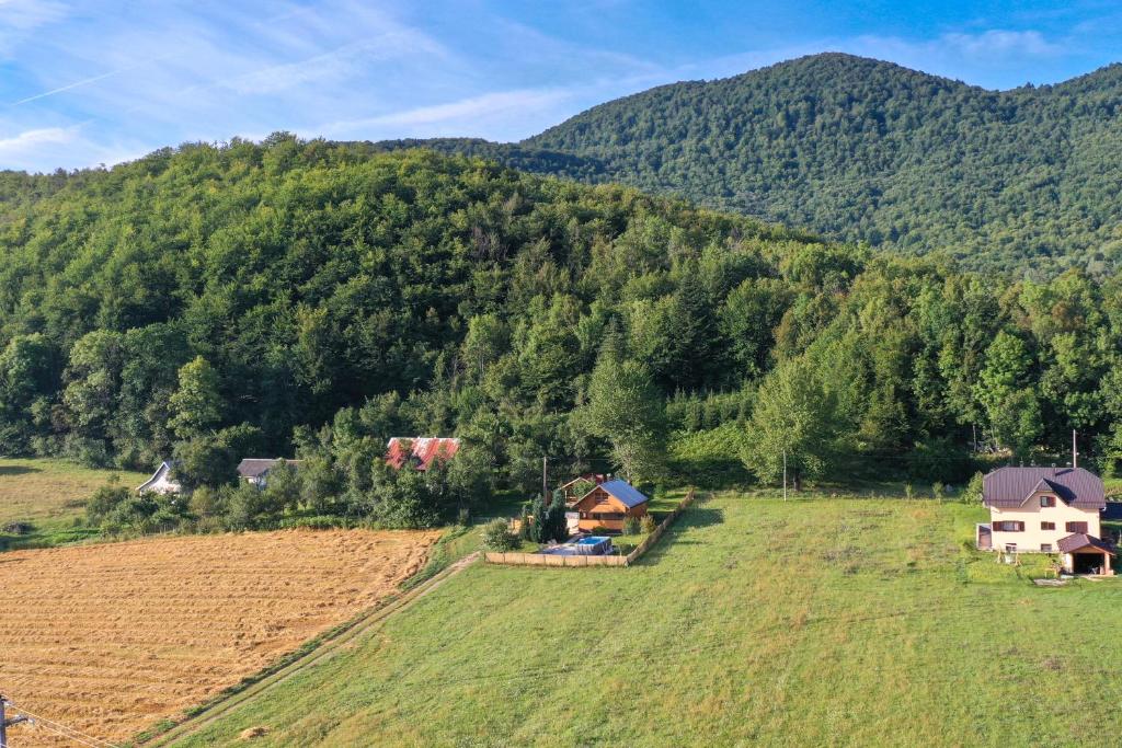 an aerial view of a house in a field with a mountain at Stara trešnja in Smiljan