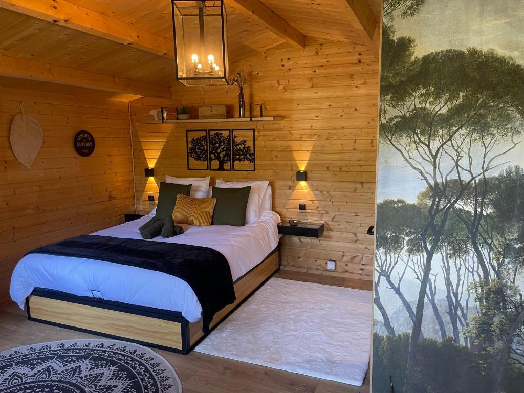 Postel nebo postele na pokoji v ubytování Magnifique Chalet avec jacuzzi 2P Mougins