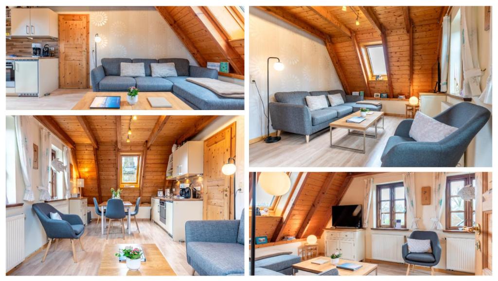 two pictures of a living room and a kitchen in a tiny house at Ferienwohnung JJacobs NEU in Wrixum