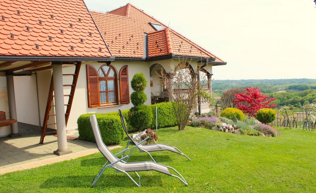 einen Stuhl im Gras vor einem Haus in der Unterkunft Villa Lotus in Štrigova