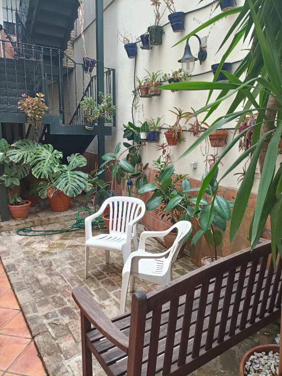 a patio with two chairs and potted plants at Triana75 in Seville