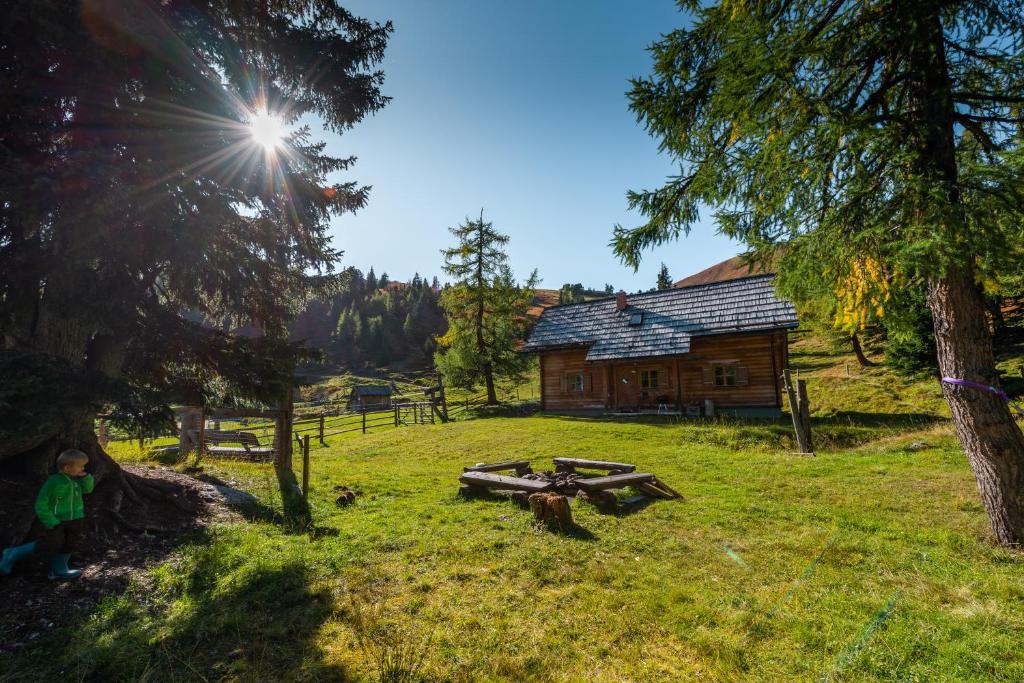 une cabane en rondins avec une table de pique-nique dans l'herbe dans l'établissement Galsterbergalm Jagdhütte, à Auberg