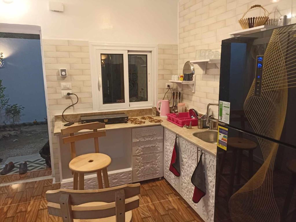 Villa Dream Desert في الأقصر: مطبخ صغير مع مغسلة وثلاجة