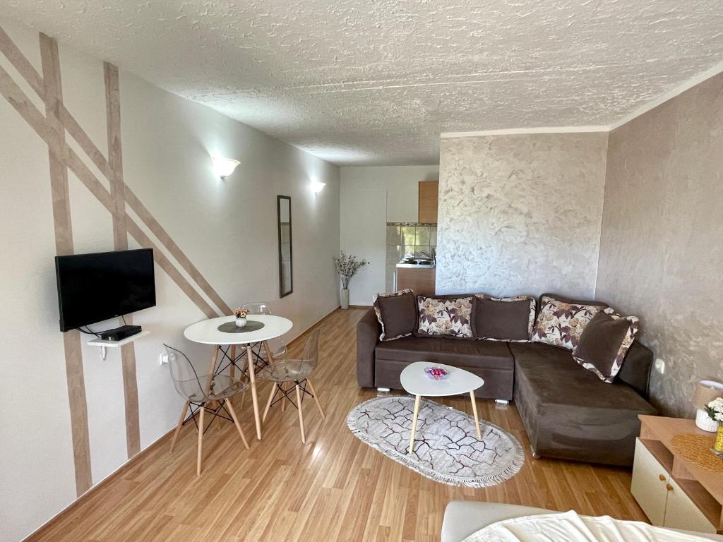 sala de estar con sofá y TV en Apartments Marina, en Budva