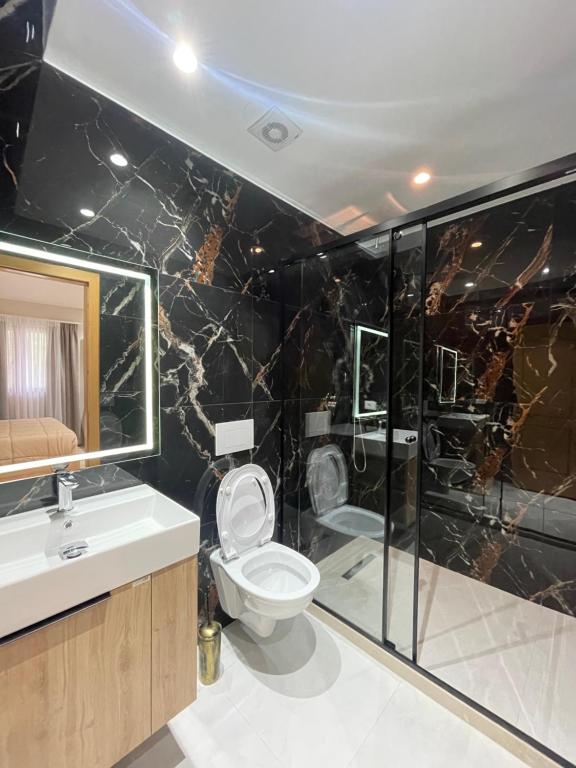 un baño con inodoro y lavabo en Alpinehouse, en Theth