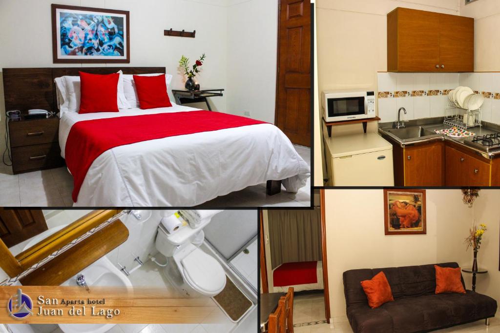 a collage of three pictures of a hotel room at San Juan Del Lago in Pereira