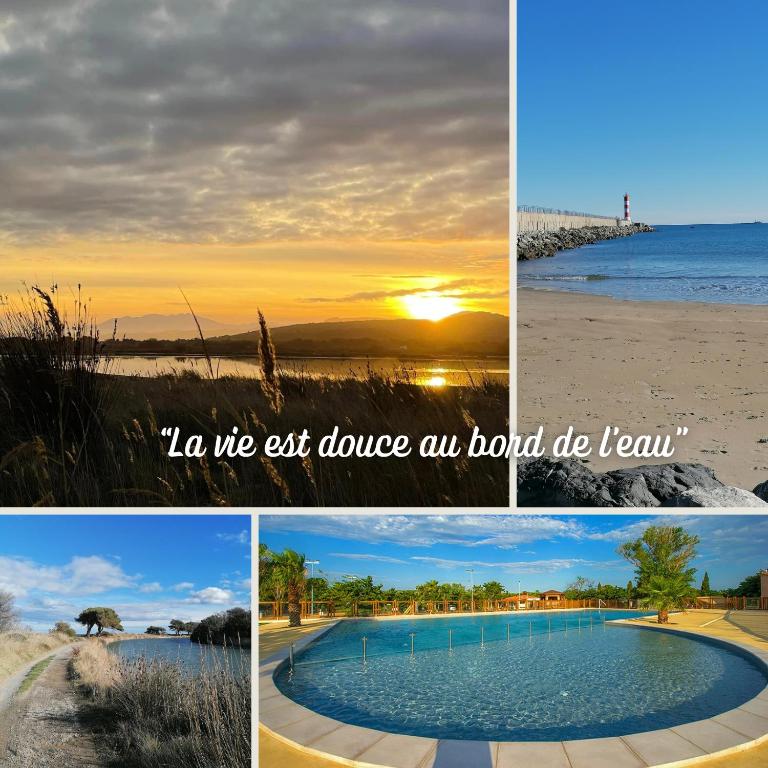 un collage de photos de la plage et du coucher de soleil dans l'établissement Entre Mer et Roseaux - Piscine - Proche centre et mer - Petfriendly, à Port-la-Nouvelle
