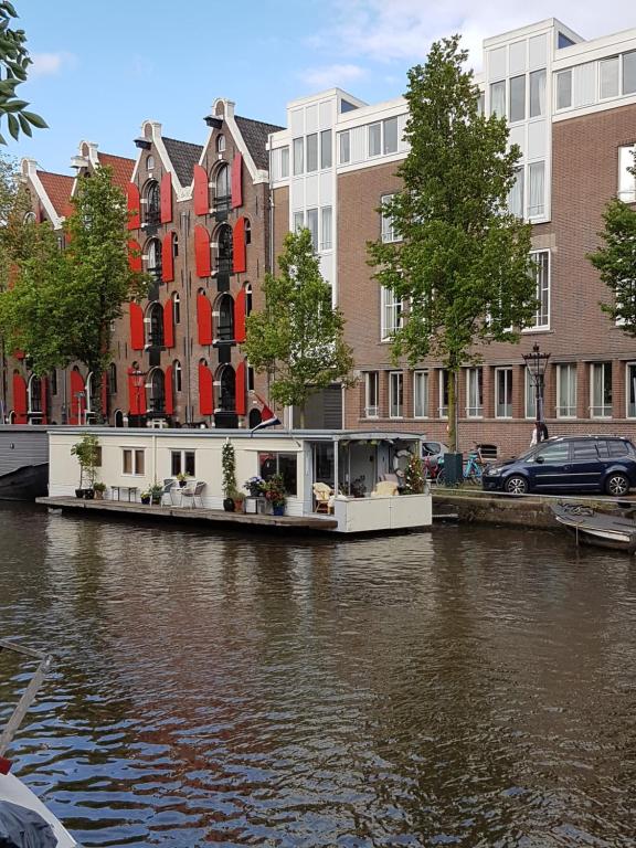 dom na brzegu rzeki z budynkami w obiekcie Pantheos Top Houseboat w Amsterdamie