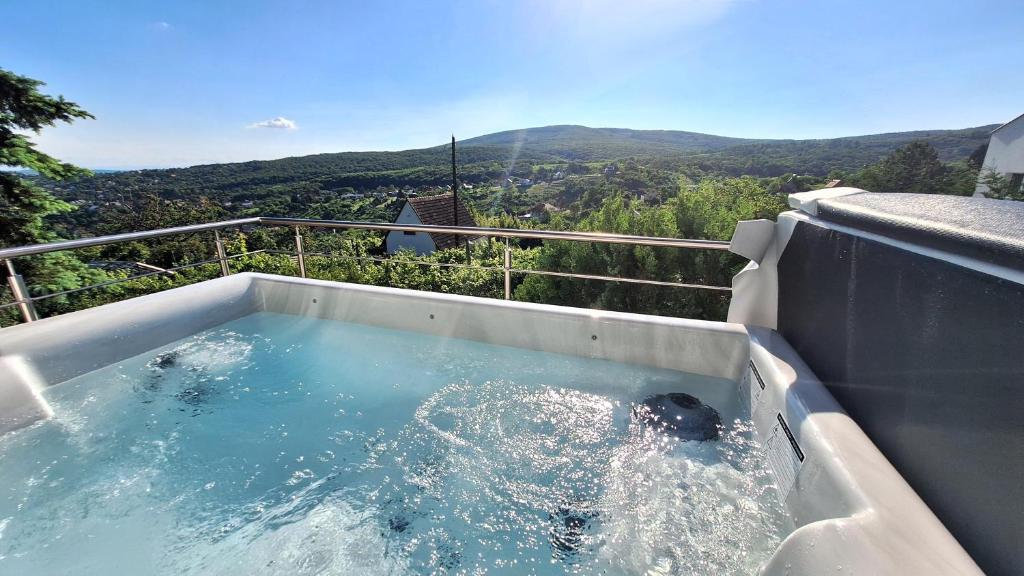 a jacuzzi tub with a dog in the water at Hillside Cottage in Pécs
