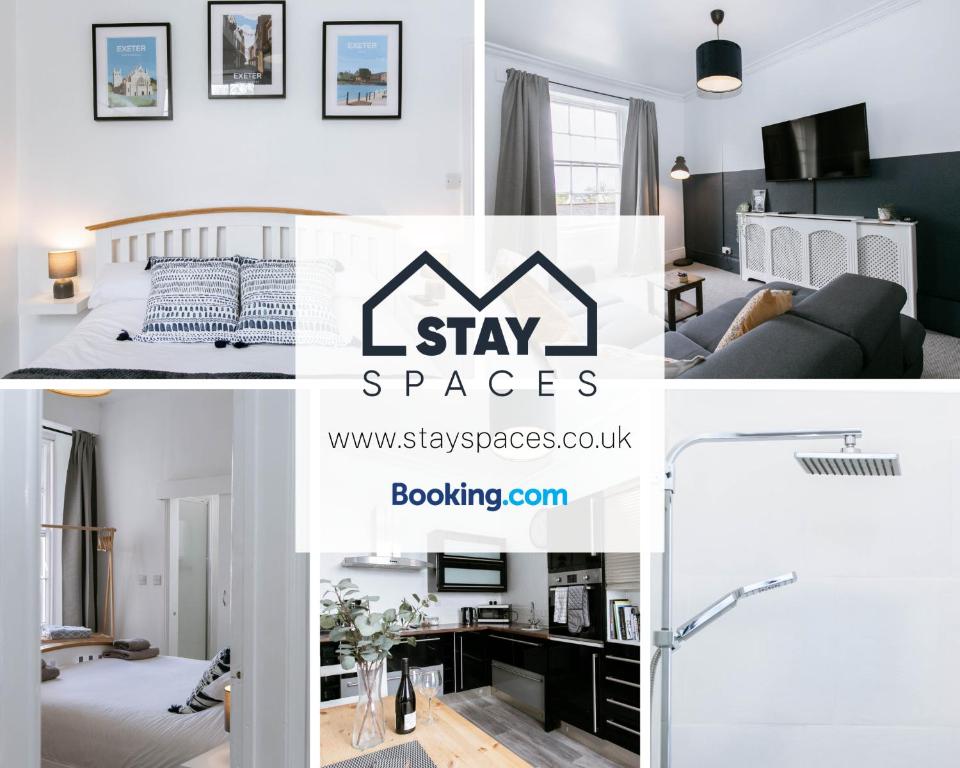 un collage de fotos de un dormitorio y una sala de estar en Peaceful Apartment, Private Parking, Long Stay Prices, Close To Uni, Hosp, Centre en Exeter
