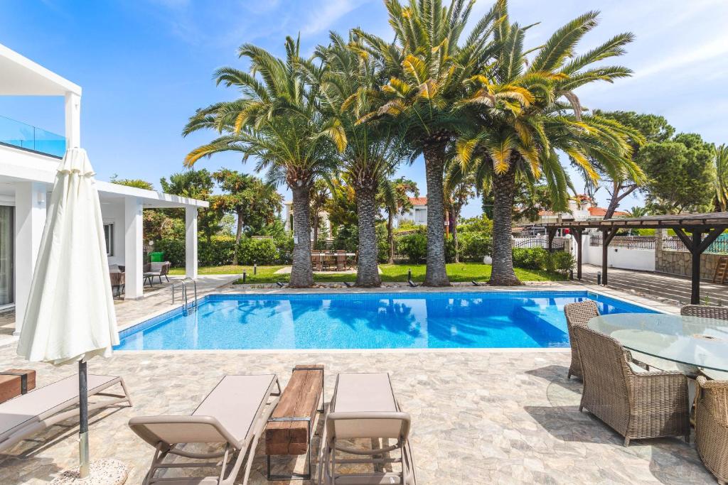 a pool with a table and chairs and palm trees at Albero Villa Polychrono in Polykhrono