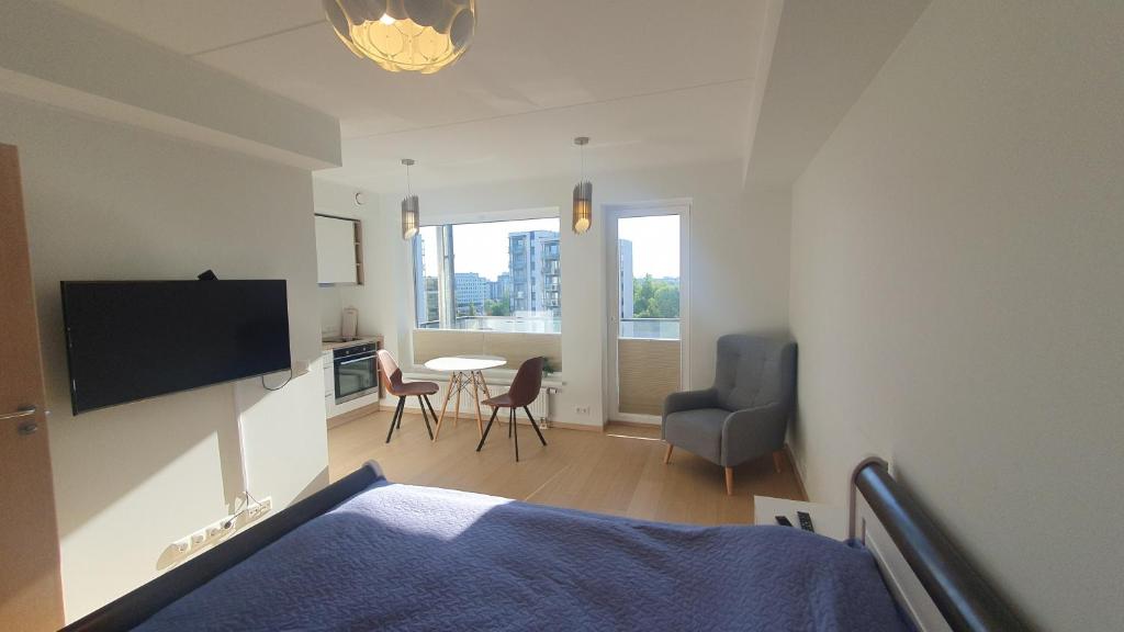 1 dormitorio con 1 cama, mesa y sillas en Heli apartment, en Tallin