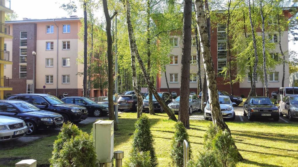 un montón de autos estacionados en un estacionamiento en Apartamenty na Wyspie - Villa Park - Parking, en Świnoujście