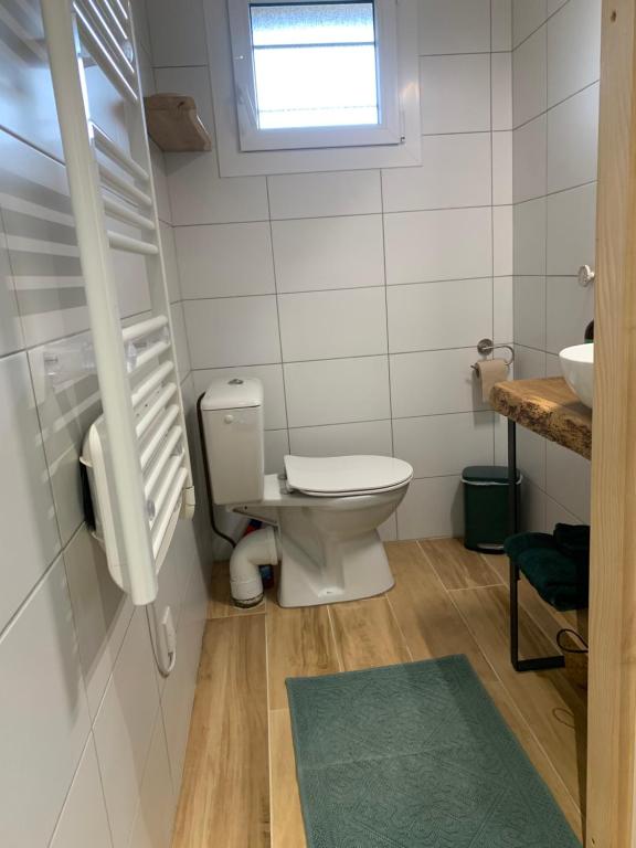 małą łazienkę z toaletą i umywalką w obiekcie Chalet de la Baume w mieście La Châtelaine