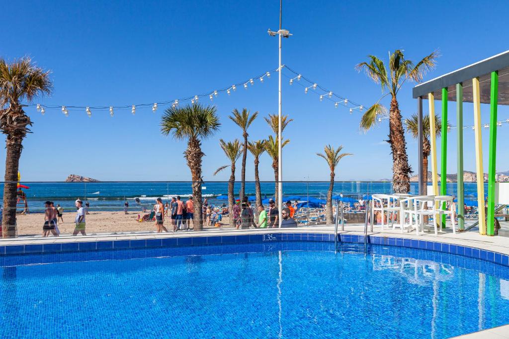 a swimming pool next to a beach with palm trees at Hotel Brisa in Benidorm