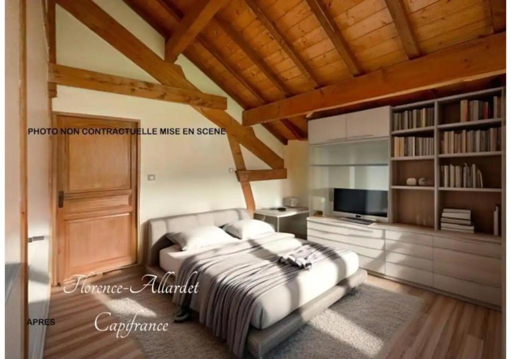 a bedroom with a large bed and a tv at Villa de Saint-Offenge in Lachat