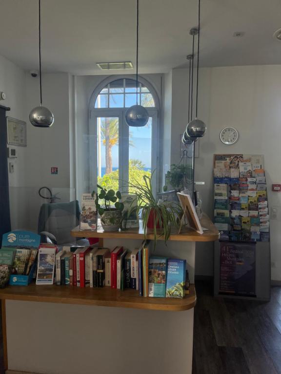 un comptoir avec des livres et une fenêtre dans l'établissement Hotel Flots d'Azur, à Nice