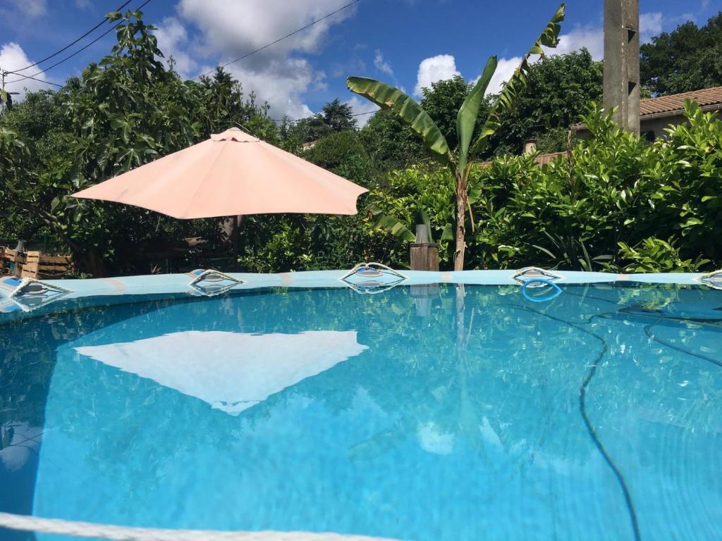 an umbrella sitting next to a swimming pool at Pause au pied des Cevennes in Alès