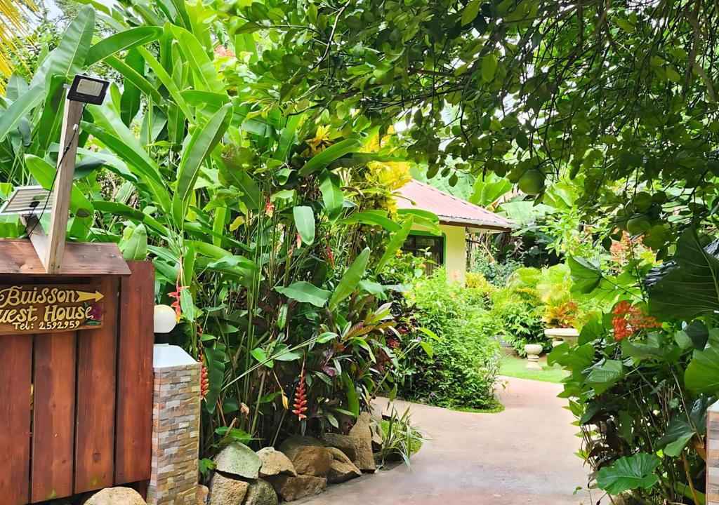 einen Garten mit Pflanzen und einem Schild und einem Pfad in der Unterkunft Buisson Guesthouse in La Digue