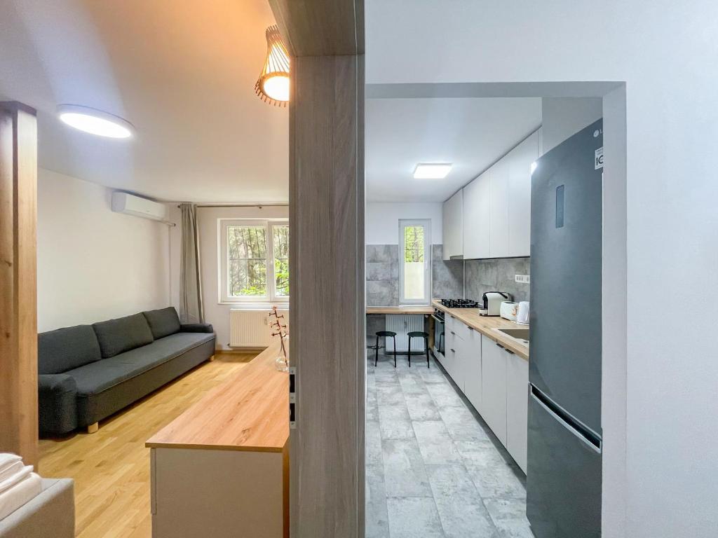 a kitchen and a living room with a couch at National Arena Mega Mall Mirina Studio in Bucharest