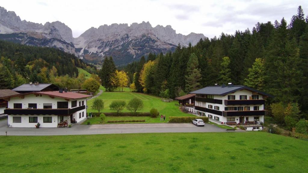 un grupo de casas en un campo verde con montañas en otto steiner appartements pension ellmau & wilder kaiser, en Ellmau