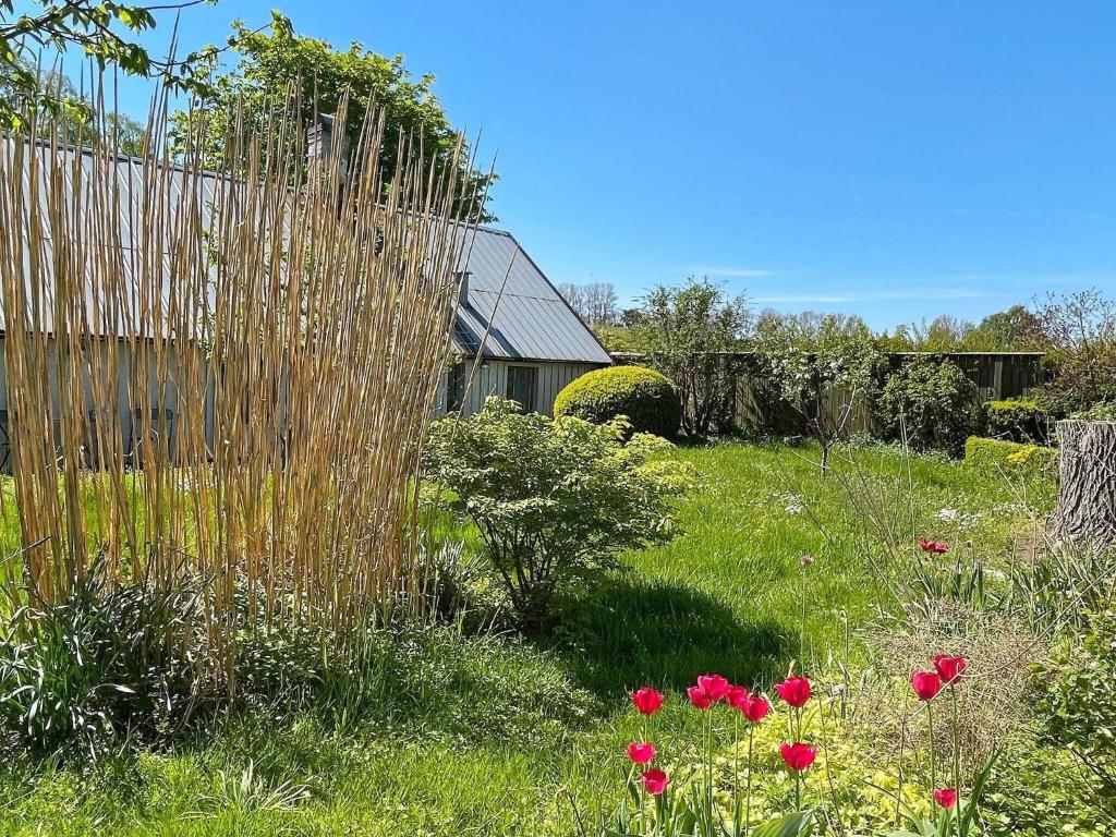 einen Garten mit roten Blumen und einem Zaun in der Unterkunft Holiday home Löderup III in Löderup