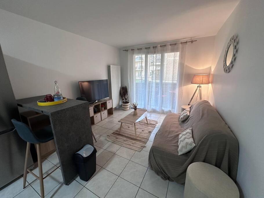 un salon avec un lit et une télévision dans l'établissement Appartement chelles, à Chelles