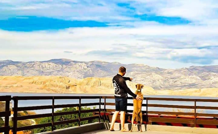 mężczyzna i jego pies patrzą na góry w obiekcie Mila Pet friendly house with private beach place w mieście Pag